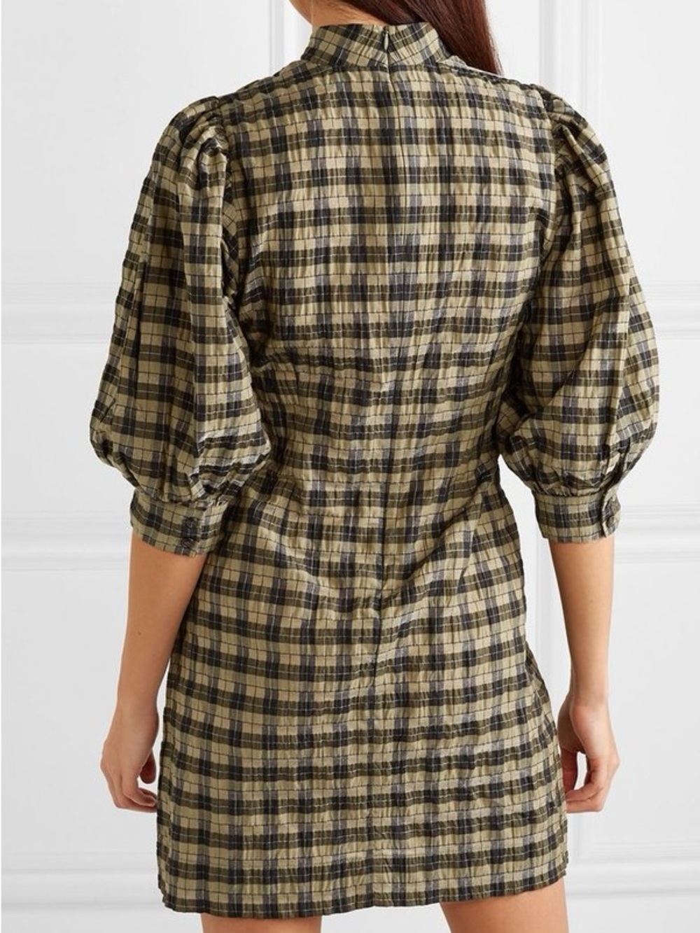 Ganni Seersucker Plaid Puff-Sleeve Mini Dress - Picture 2 of 7